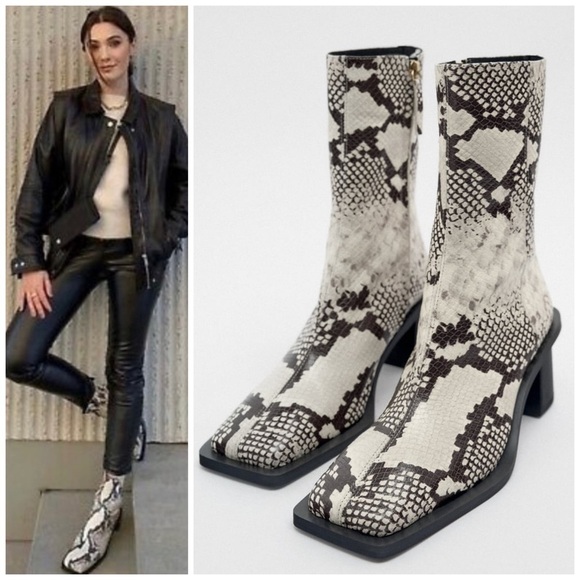 NEW Zara Snake Print Leather Block Heel Squared Toe Ankle Boots Booties 2130/010 - Picture 1 of 13